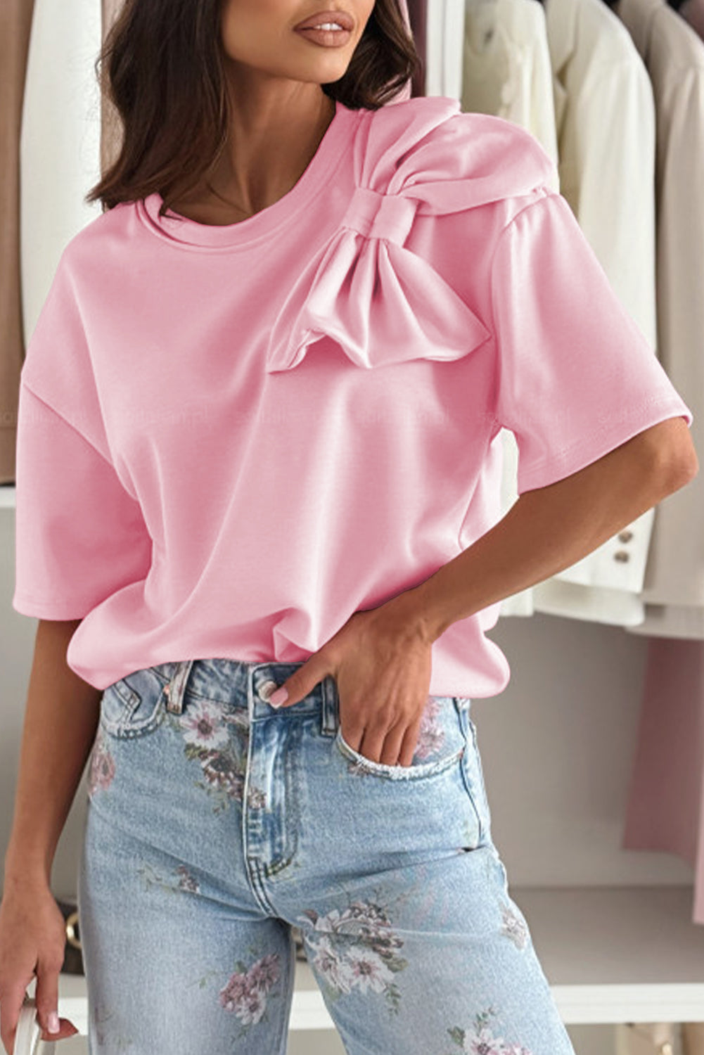 Pink Bow Applique Half Sleeve T-shirt - eAura