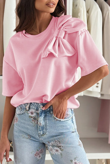 Pink Bow Applique Half Sleeve T-shirt - eAura