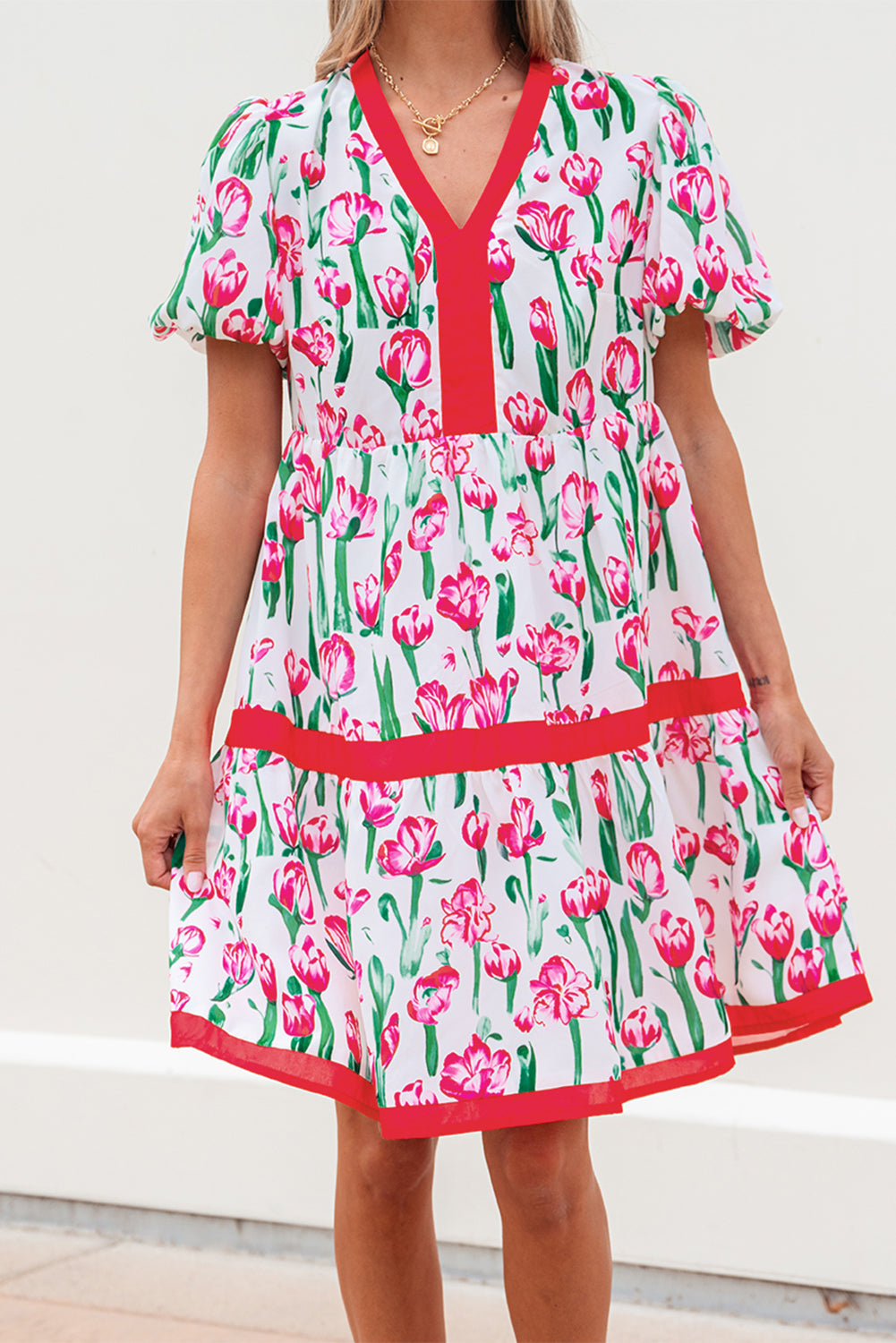 Pink Floral Print Contrast Trim V Neck Bubble Short Sleeve Babydoll Dress eAura