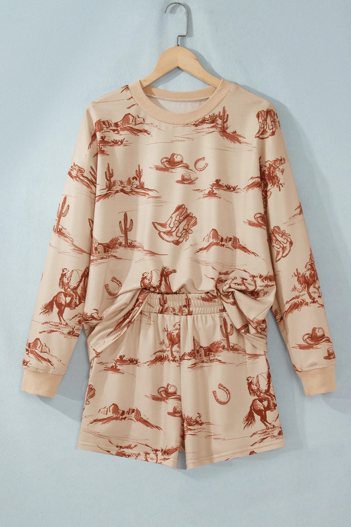 Western Print Loose Fit Long Sleeve Top Short Set – Beige