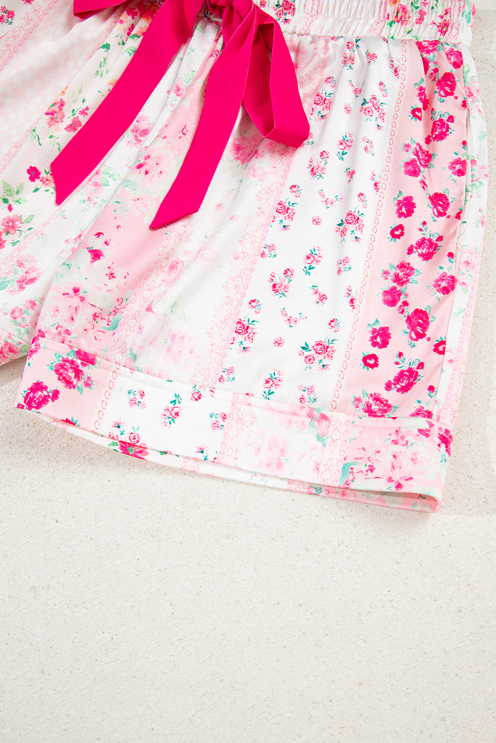 Pink Mixed Floral Print Contrast Piping Trim Satin Tie Pyjama Set - eAura