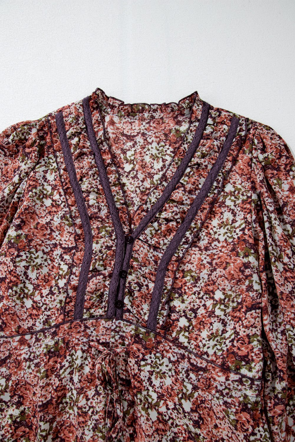 Brown Floral Print Split Front Tiered Frilled V Neck Midi Dress eAura