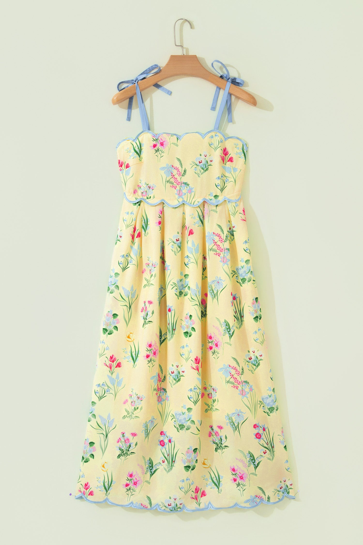 Floral Print Contrast Trim Self-Tie Straps Midi Dress