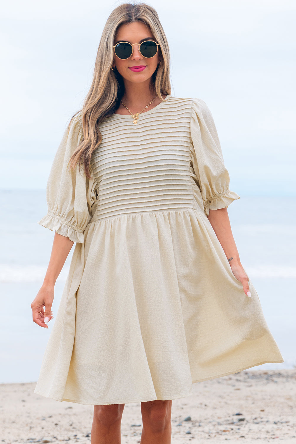 White Textured Ruffled Puff Sleeve Oversized Dress eAura