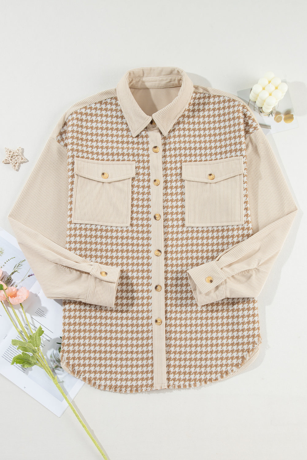 Parchment Houndstooth Corduroy Patchwork Flap Pocket Shacket Beagle Boutique Fashion Outlet