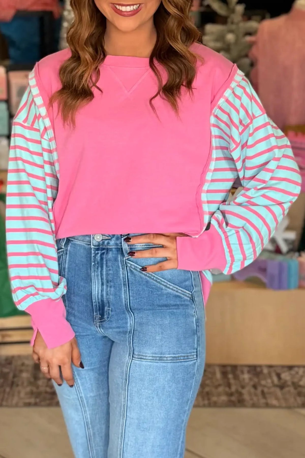Colour Block Patchwork Relaxed Split Long Sleeve Top – Rose Stripe