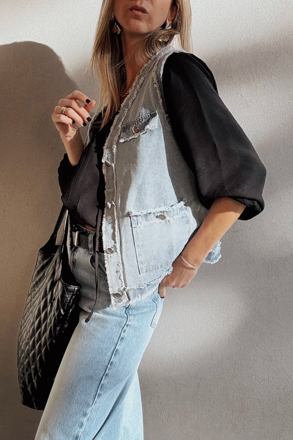 Frayed Edge Flap Pockets Denim Vest Jacket - eAura