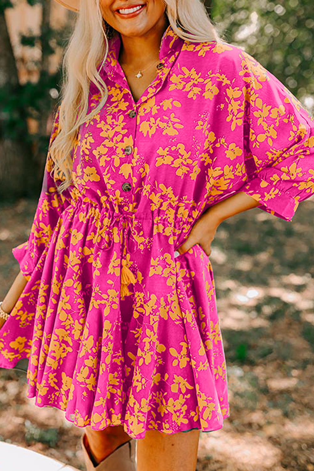 Pink Floral Print Drawstring Tunic Flowy Short Dress eAura