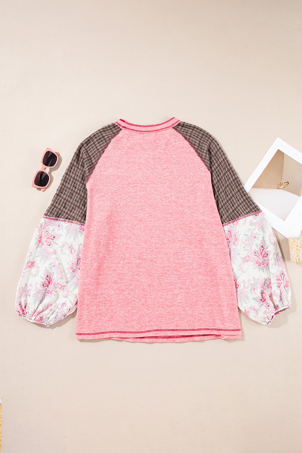 Pink Checkered Paisley Patchwork Raglan Sleeve Seamed Plus Size Top BB Fashion Outlet