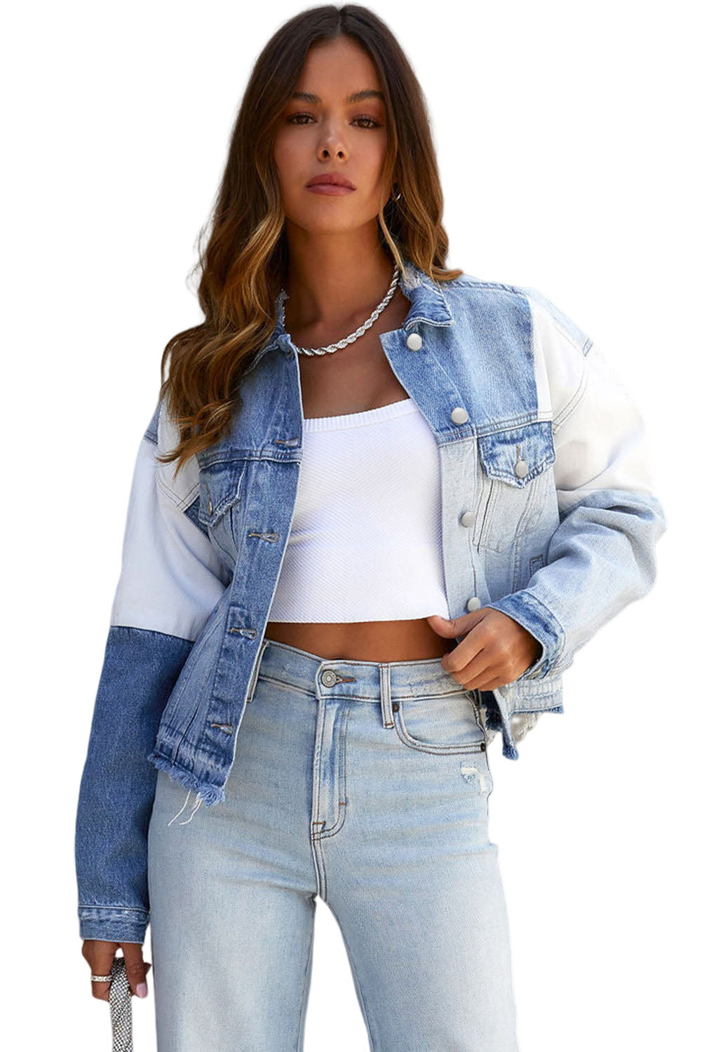 Sky Blue Colour Block Denim Patchwork Frayed Hem Jacket Beagle Boutique Fashion Outlet