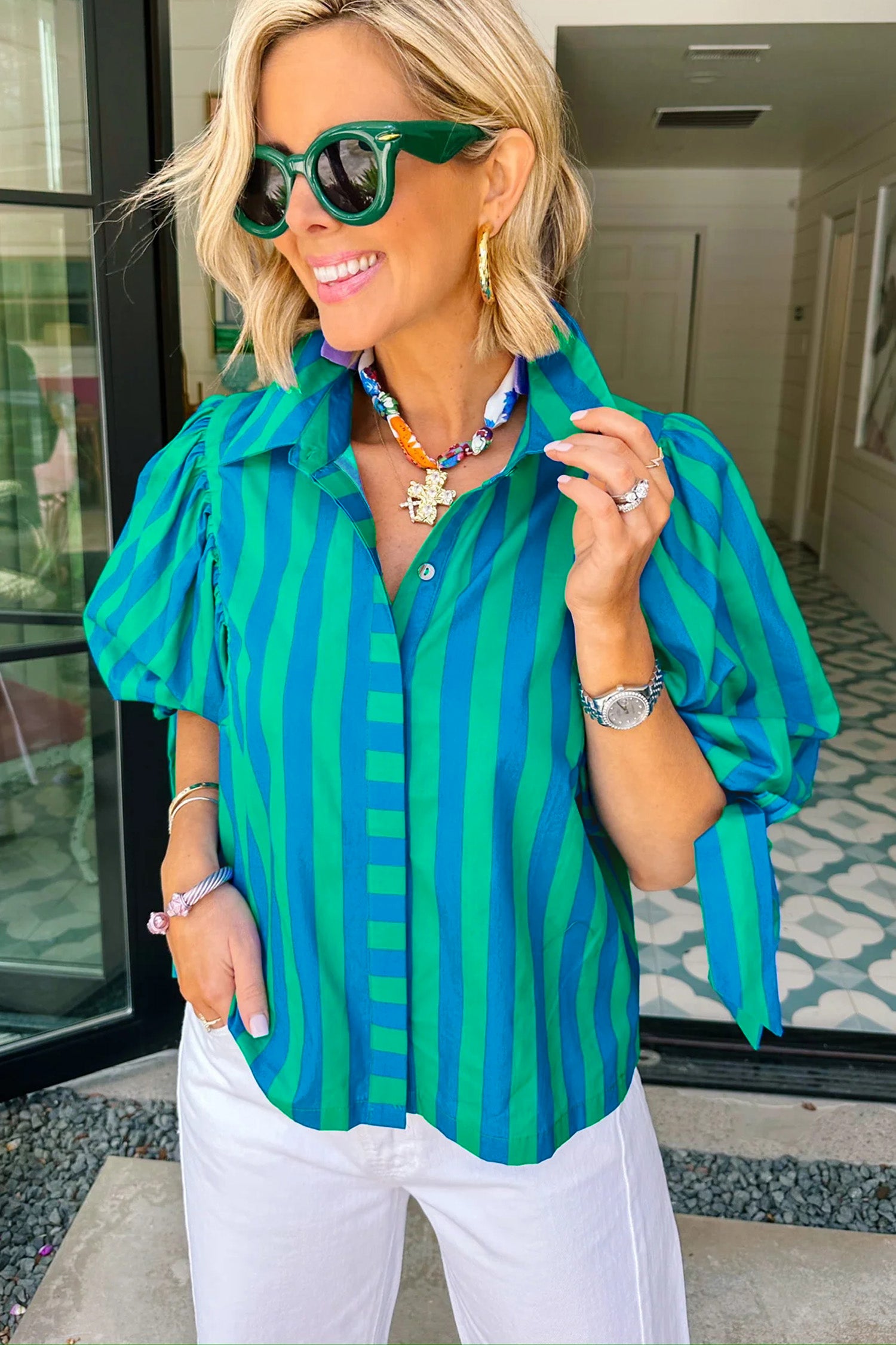 Tie Puff Sleeve Button Down Shirt – Blue Stripe
