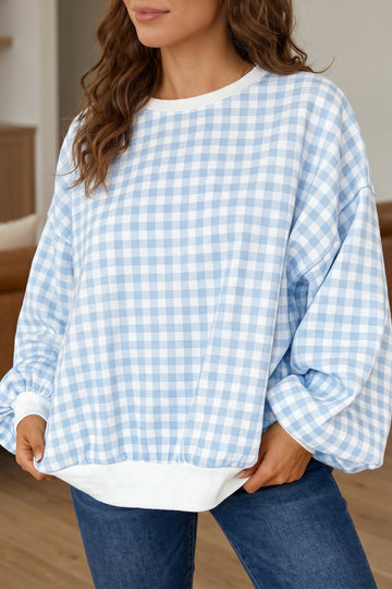 Plaid Round Neck Long Sleeve Sweatshirt – Light Blue