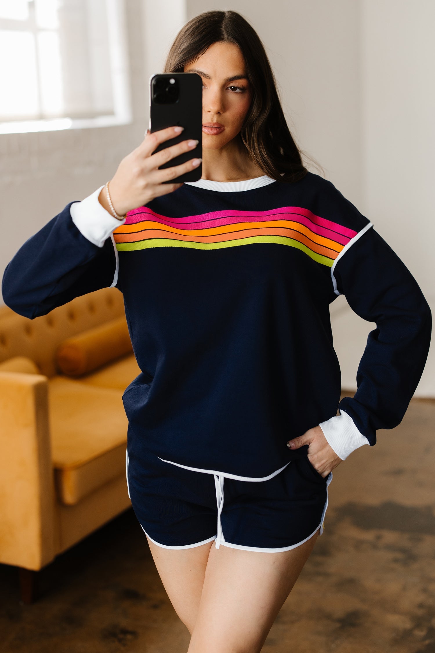 Colourful Striped Accent Varsity Long Sleeve Pullover and Shorts Co-ord Set - Two Piece Sets/Short Sets