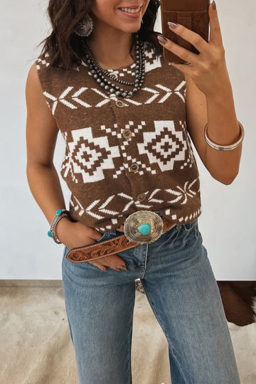 Brown Aztec Button Square Neck Sweater Vest