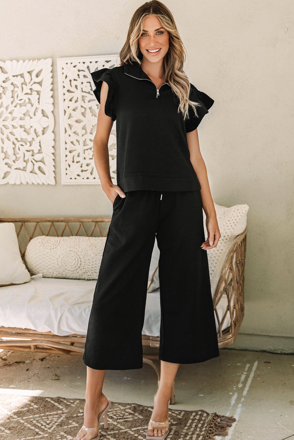 Black Textured Flutter Sleeve Top Wide Leg Trousers Set Co-ord eAura