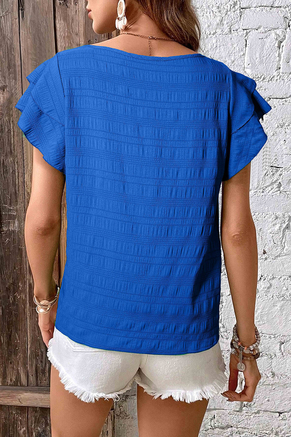 Dark Blue Textured Ruffled Sleeve Round Neck Top BB Fashion Outlet