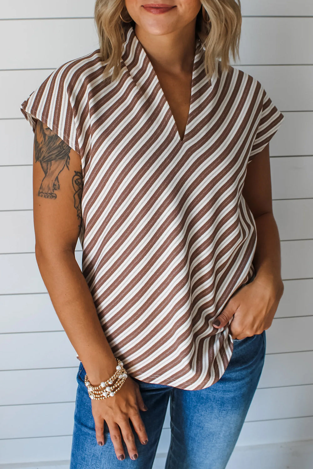 Chestnut Striped Stand V Neck Short Sleeve Blouse eAura