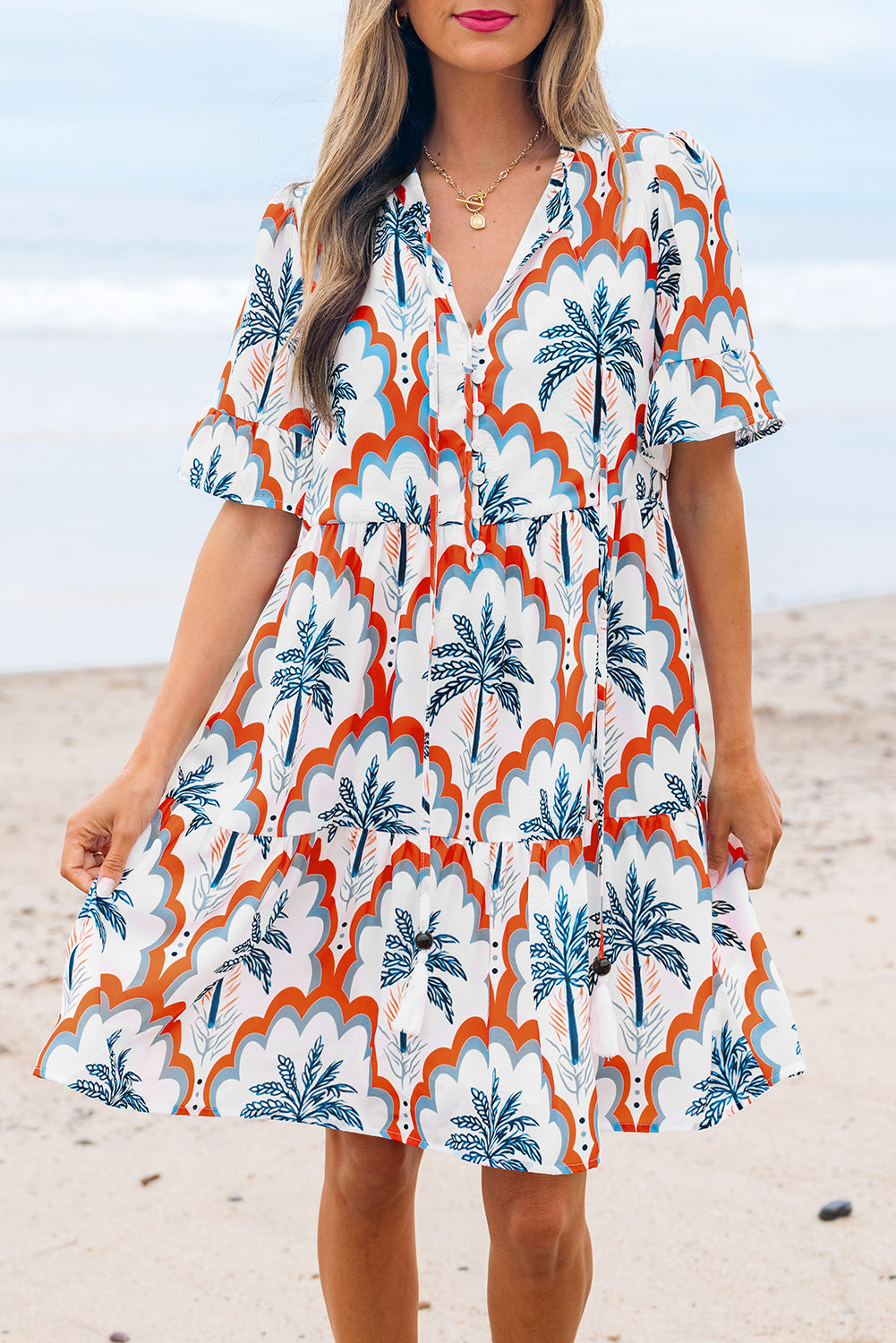 Palm Tree Printed Short Sleeve Flowy Dress - eAura