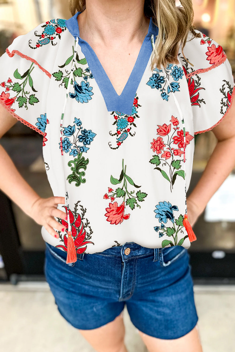White Floral Print Contrast V Neck Tassel Tie Lace Detail Short Sleeve Blouse eAura