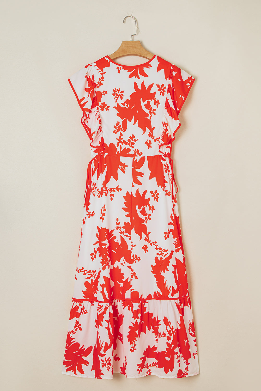 Red Floral Print Trimmed V-Neck Ruffle Sleeve Long Dress eAura