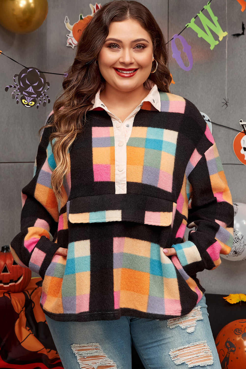 Black Plus Size Checkered Print Sherpa Henley Sweatshirt BB Fashion Outlet