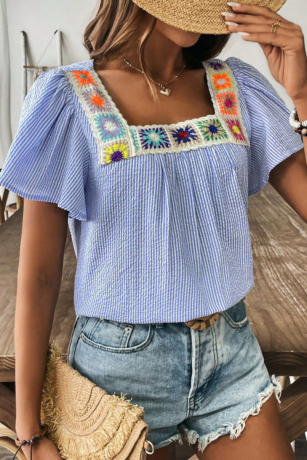 Sky Blue Stripe Textured Ruffle Short Sleeve Boho Detail Square Neck Blouse eAura