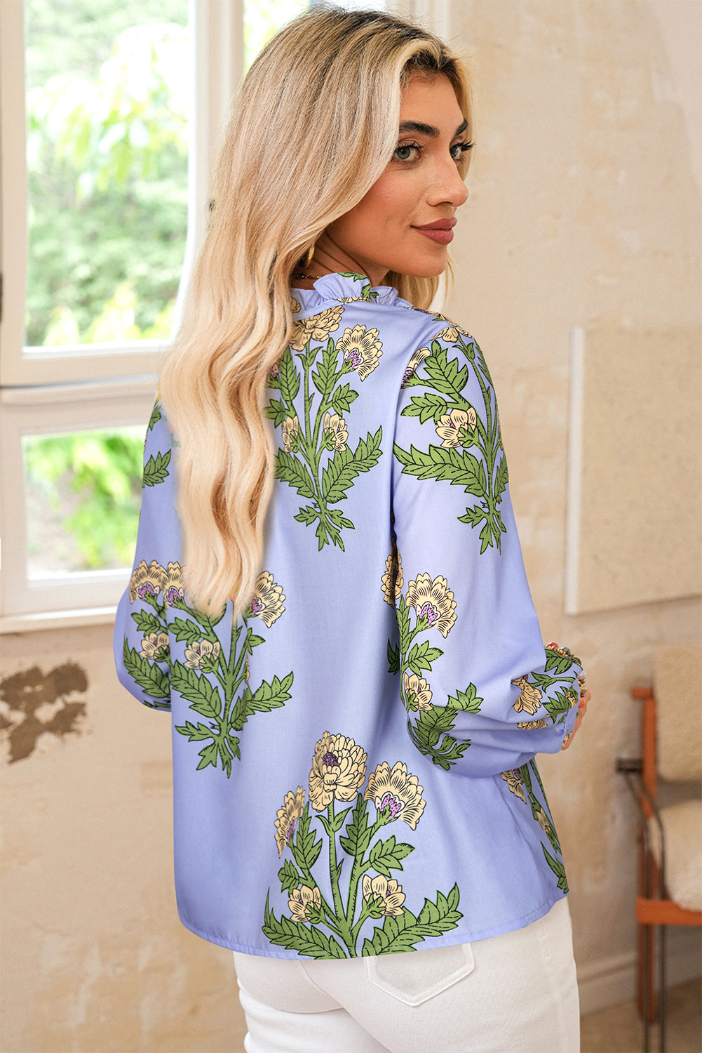 Floral Print Button Tie Neck Long Puff Sleeve Blouse - eAura