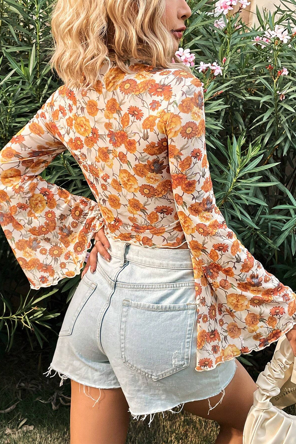 Orange Floral Printed Bell Sleeve Mock Neck Scallop Trim Blouse eAura