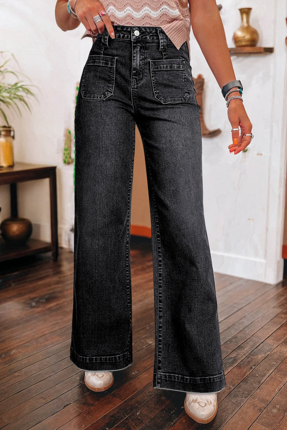 Black Wide Leg Pocketed High Waist Jeans eAura