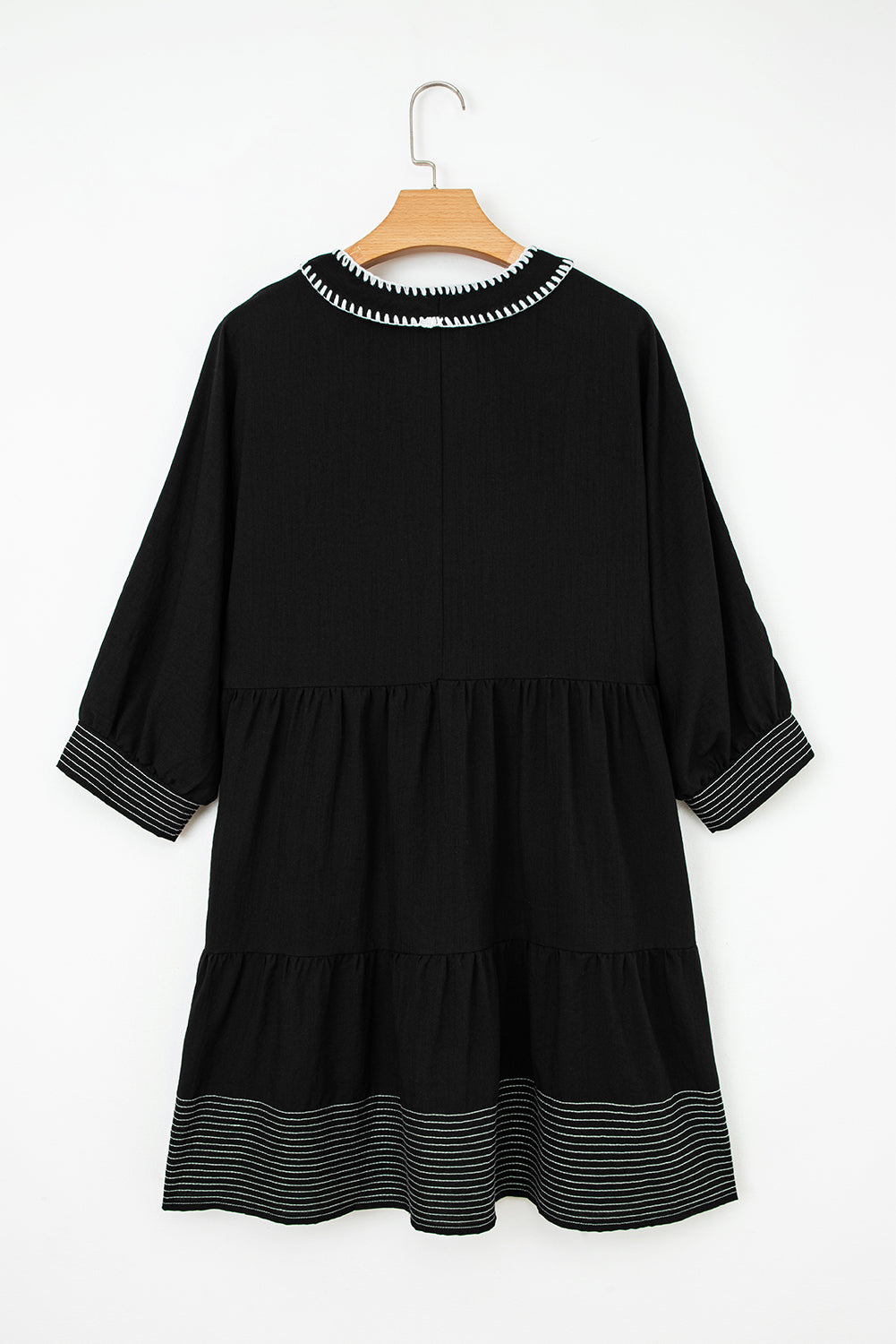 Contrast Stitched V-Neck 3/4 Sleeve Tiered Mini Dress - eAura