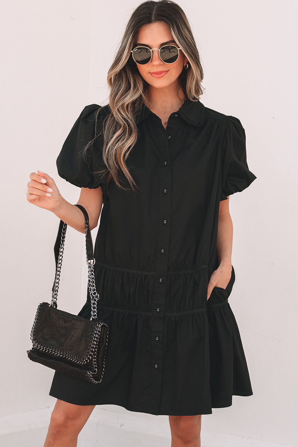 Black Shirt Style Button Down Puff Sleeve Ruffle Hem Dress eAura