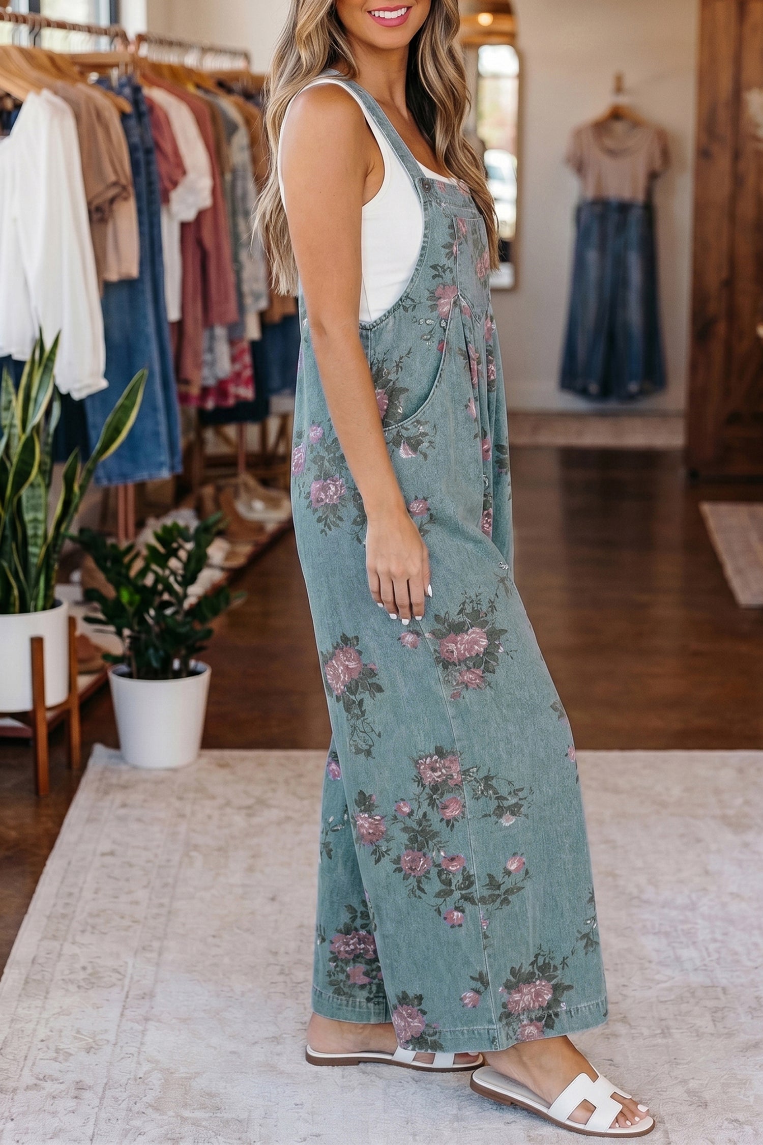 Floral Print Pleated Wide Leg Denim Jumpsuit – High Waist