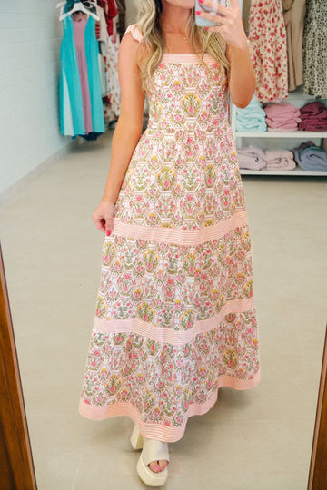 Pink Geometric Floral Print Striped Patchwork Sleeveless Dress