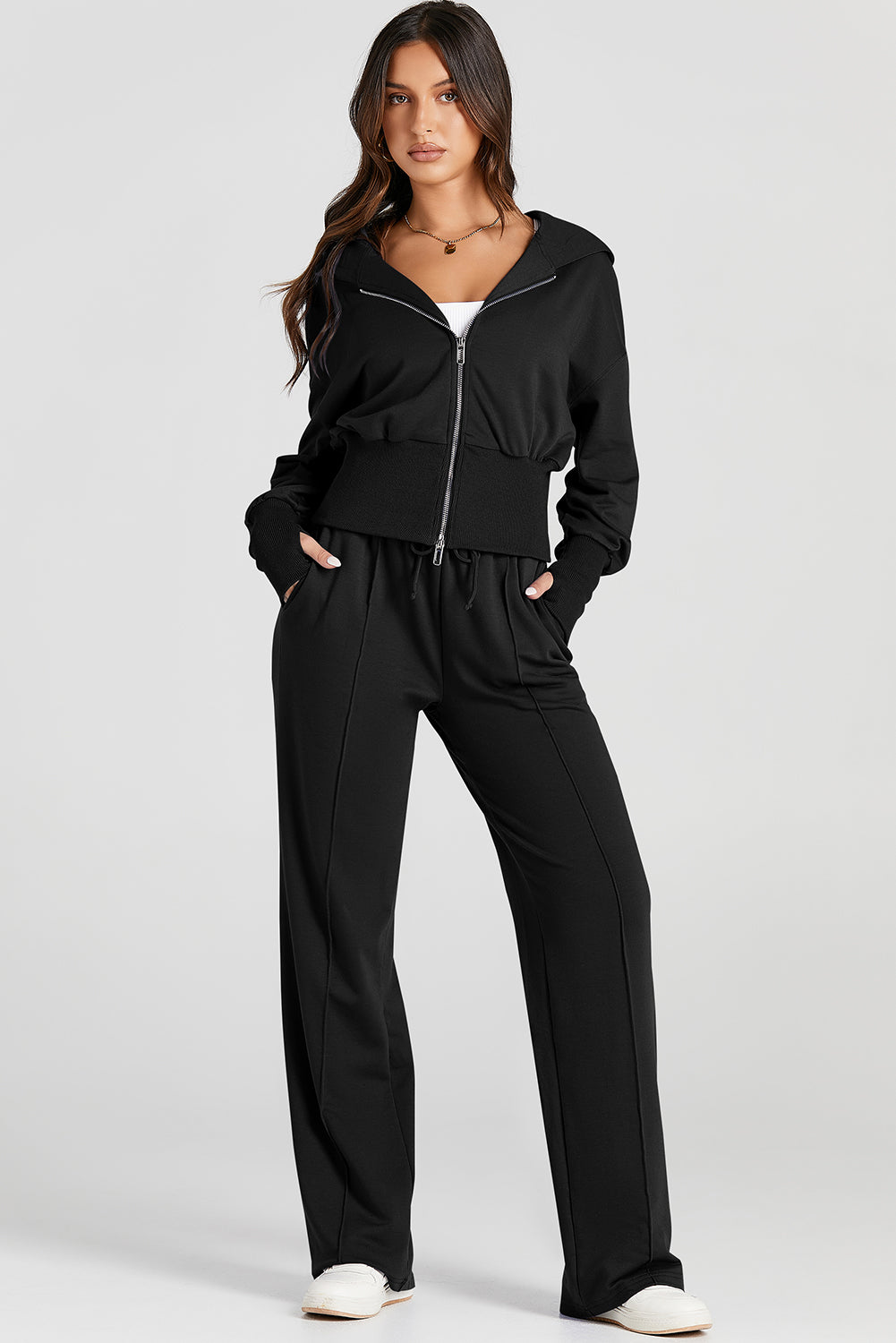 Black Double Zipper Hooded Jacket and Sweatpants Active Set Dear-Lover Dropshipping