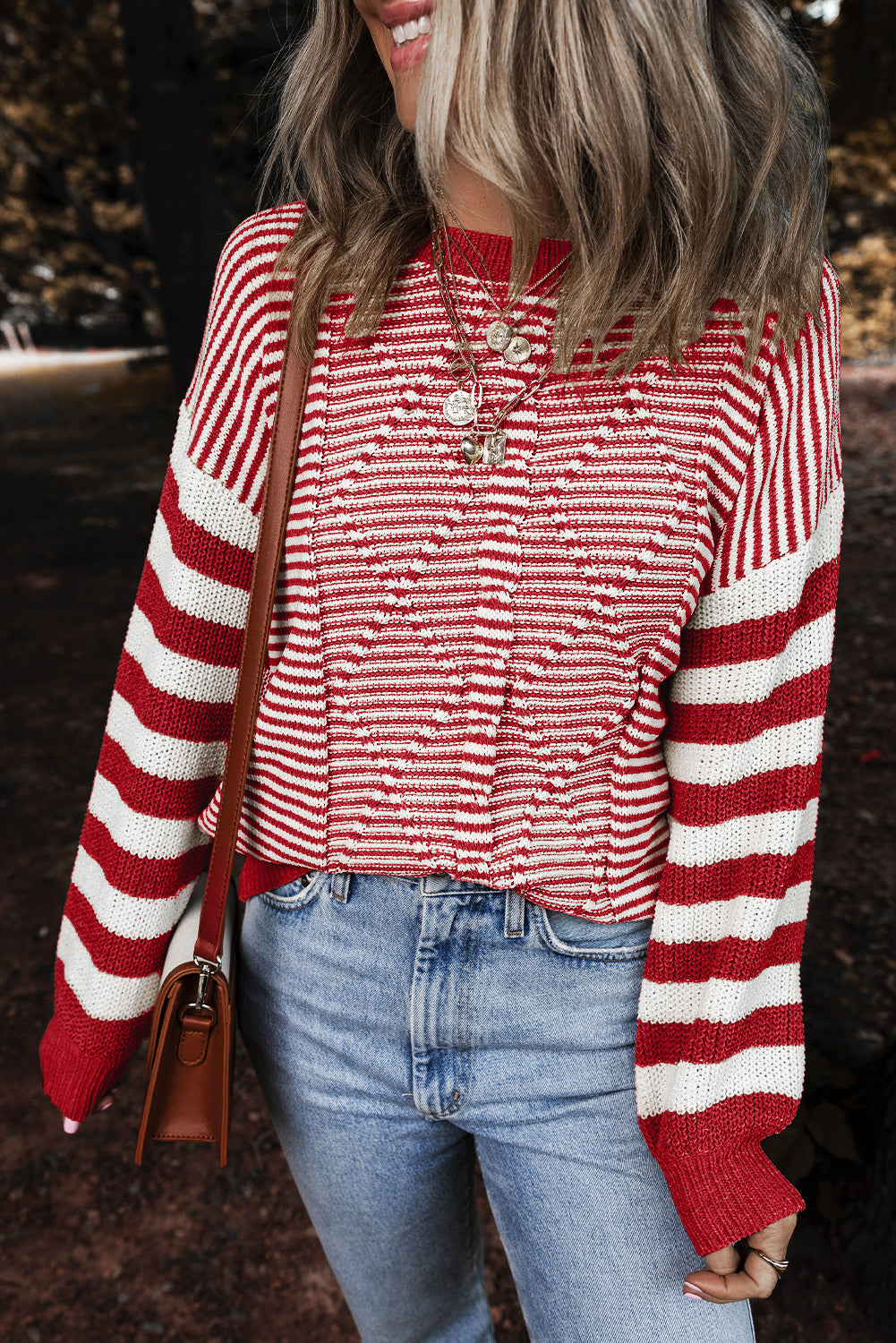 Red Stripe Geometric Textured Drop Shoulder Sweater eAura