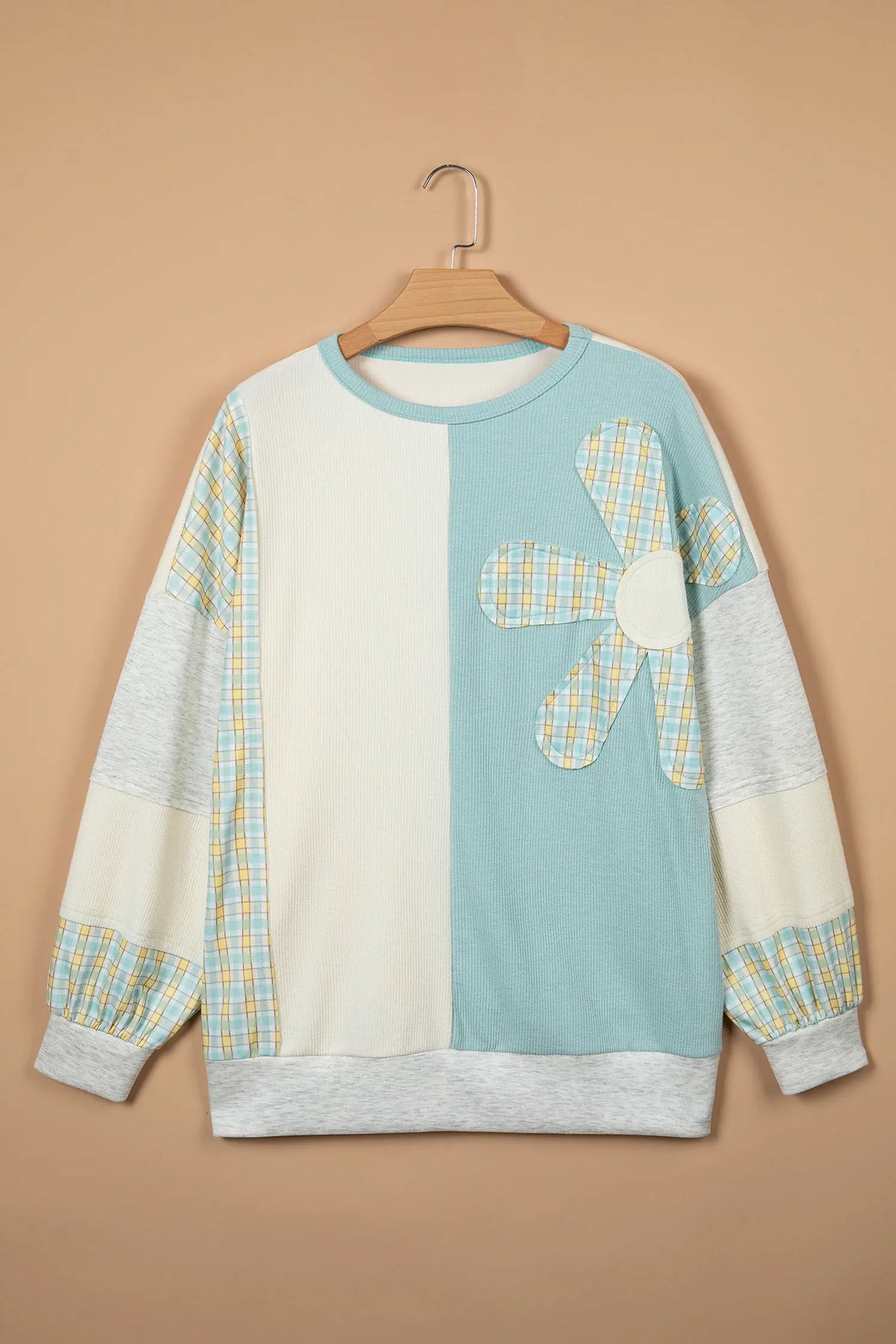 Plaid Patchwork Round Neck Long Sleeve Top – Light Blue