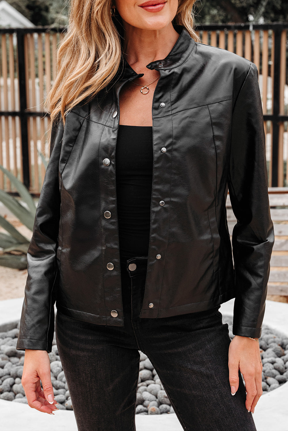 Black Faux Leather Buttoned Front Boxy Jacket eAura