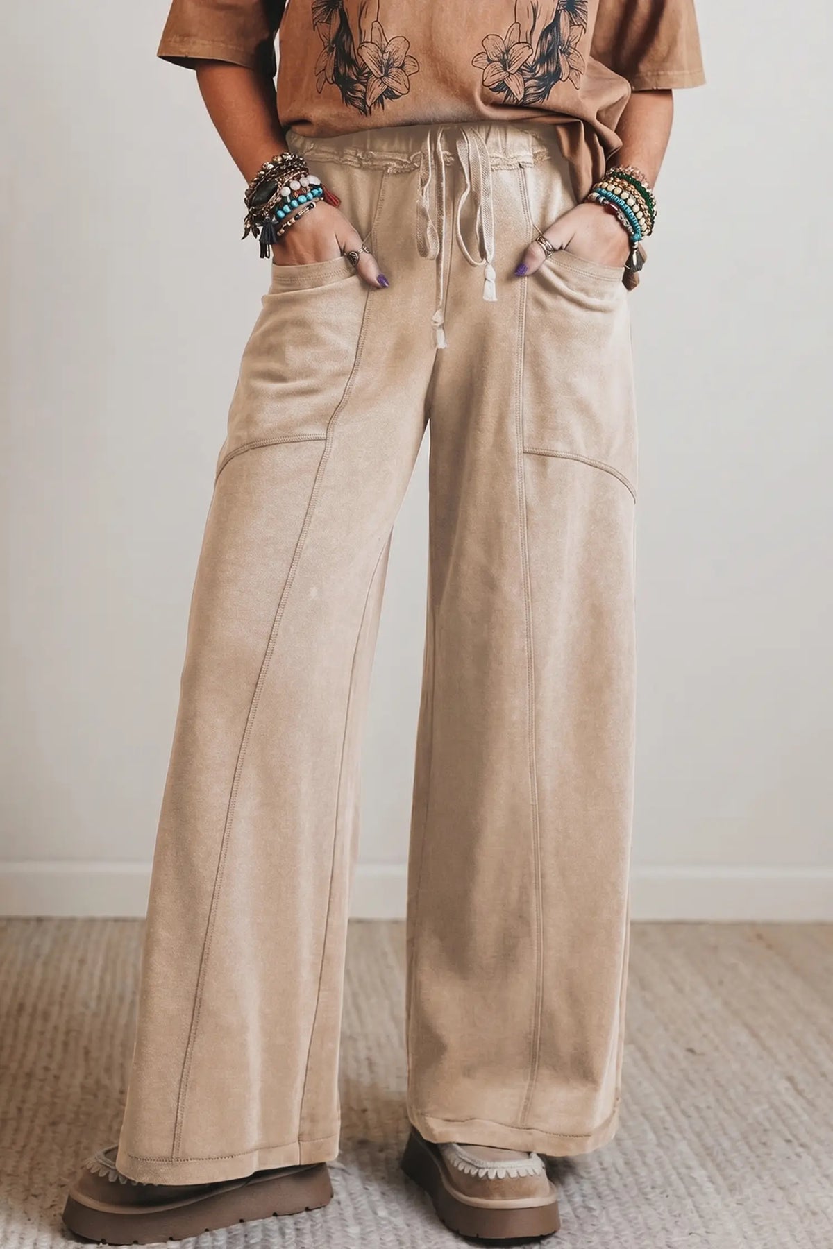 Mineral Wash Drawstring Retro High Waist Wide Leg Western Pants – Latte