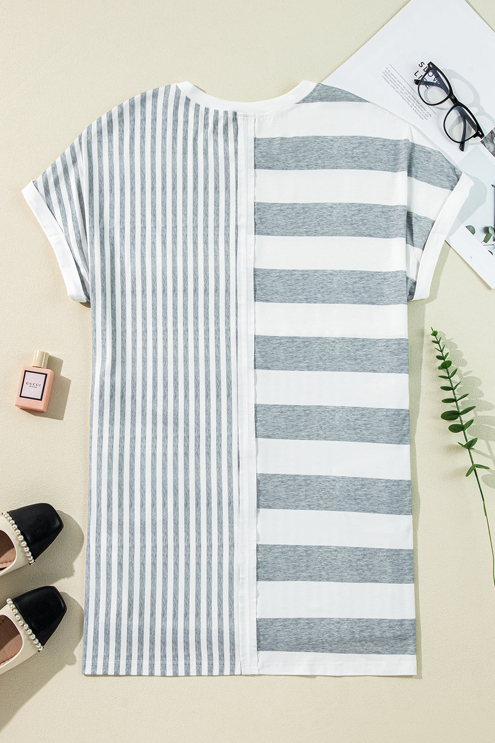 Grey Stripe Mixed Printed Short Sleeve Shift Mini T Shirt Dress eAura