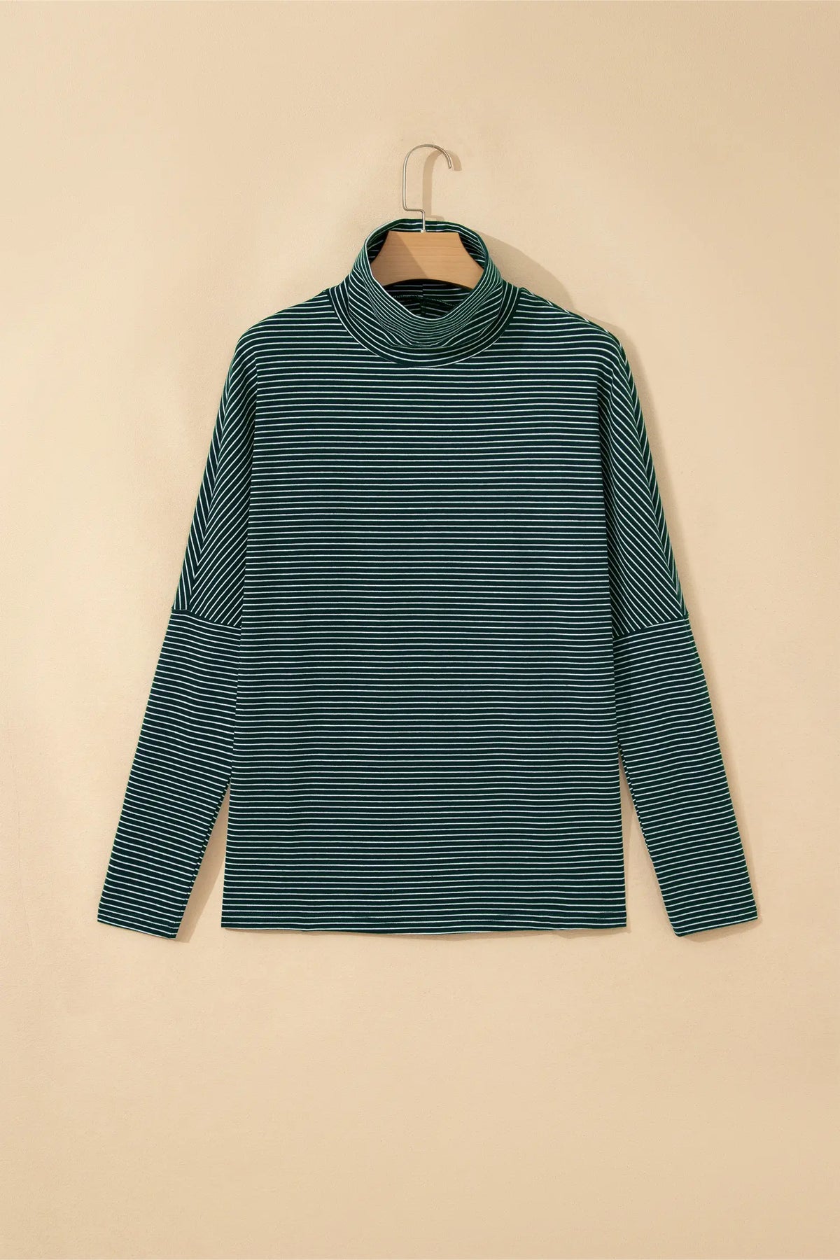 High Neck Dropped Shoulder Long Sleeve Casual Top – Green Stripe
