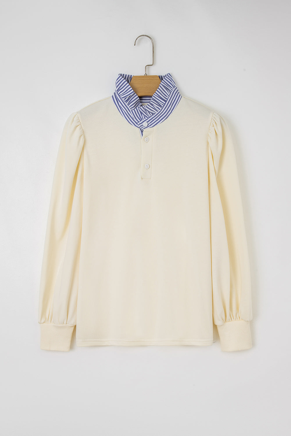 Button Striped Collar Patchwork Puff Sleeve Sweatshirt - eAura