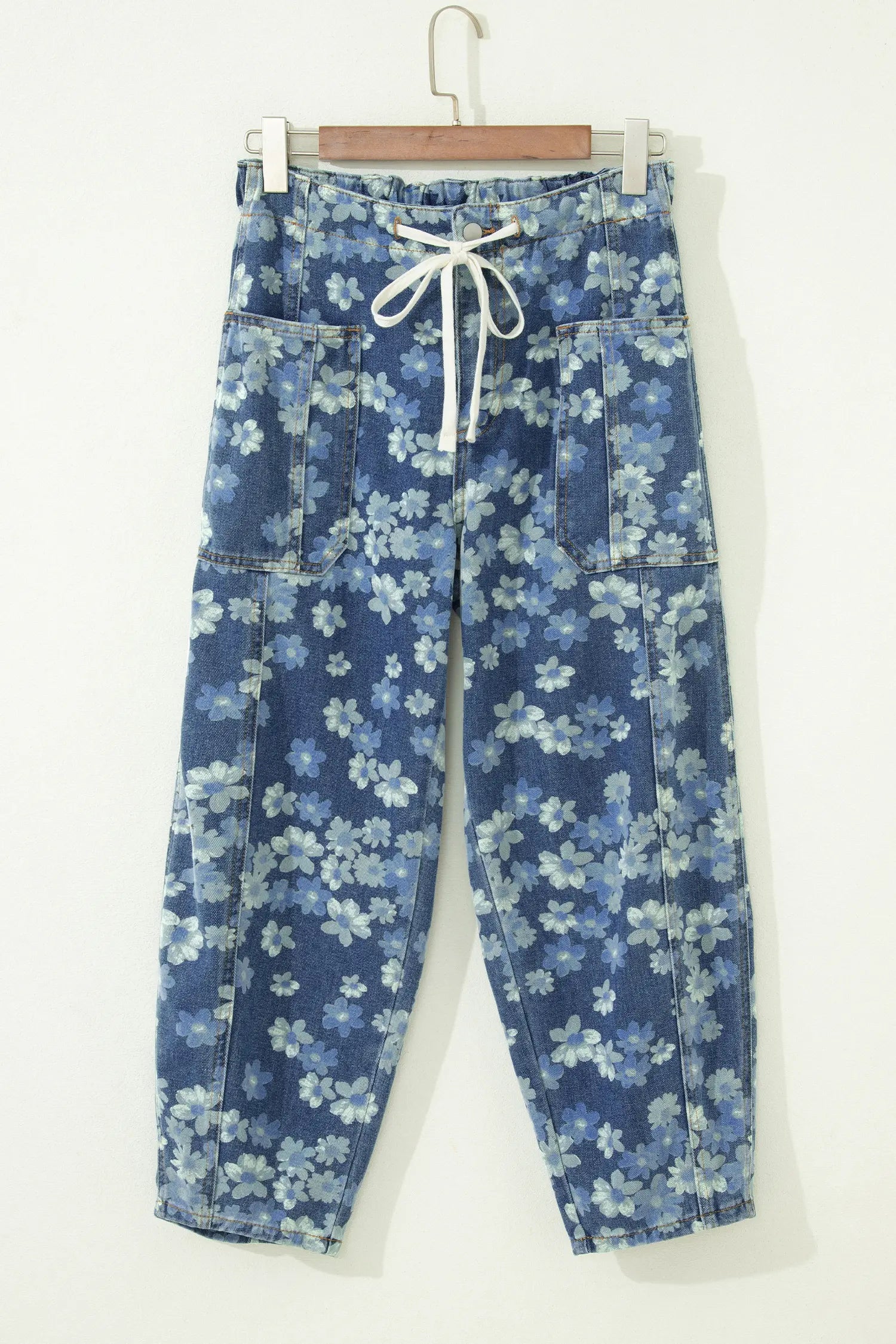 Sky Blue Dainty Floral Printed Drawstring Barrel Jeans