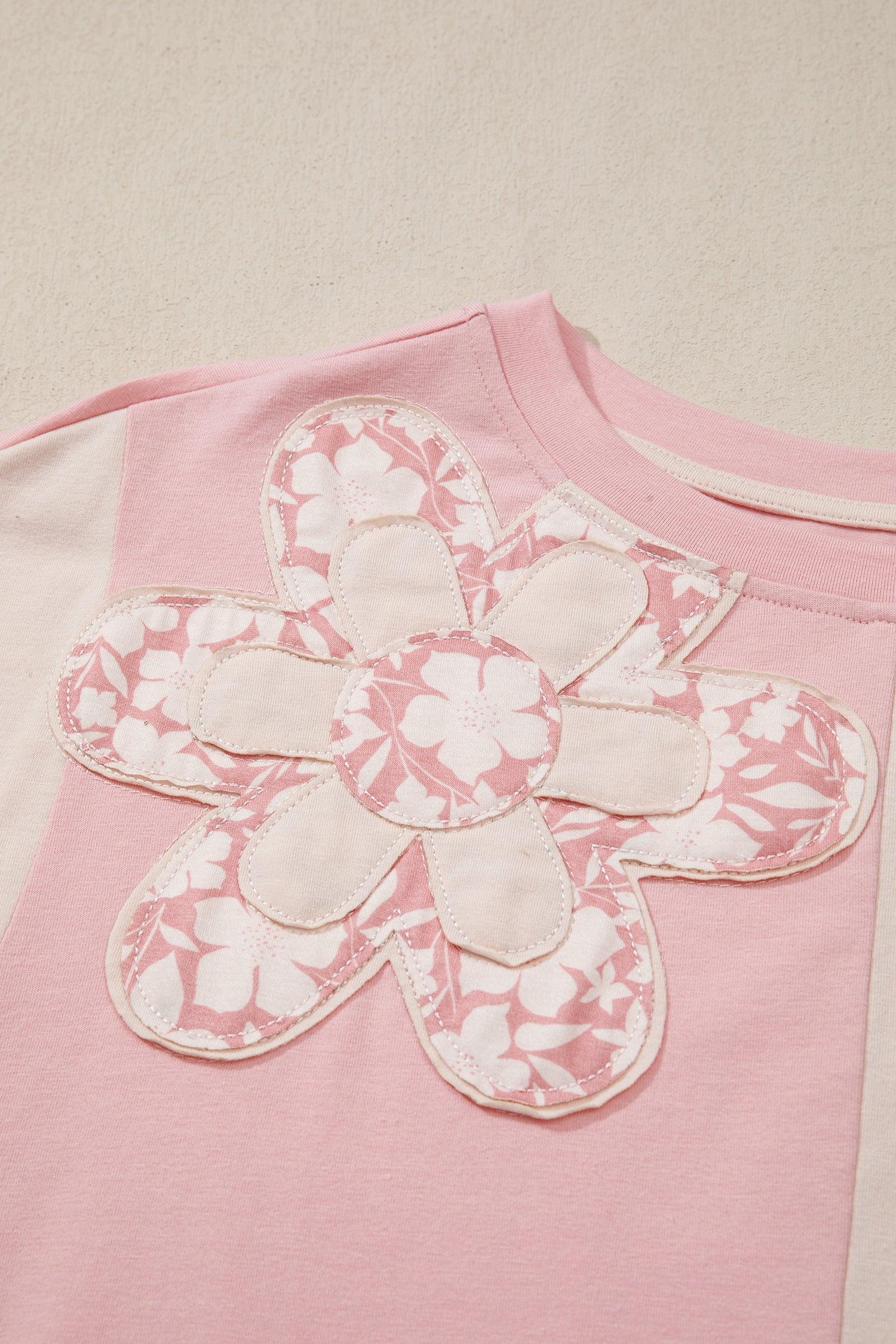 Colour Block Flower Patched Loose T-Shirt