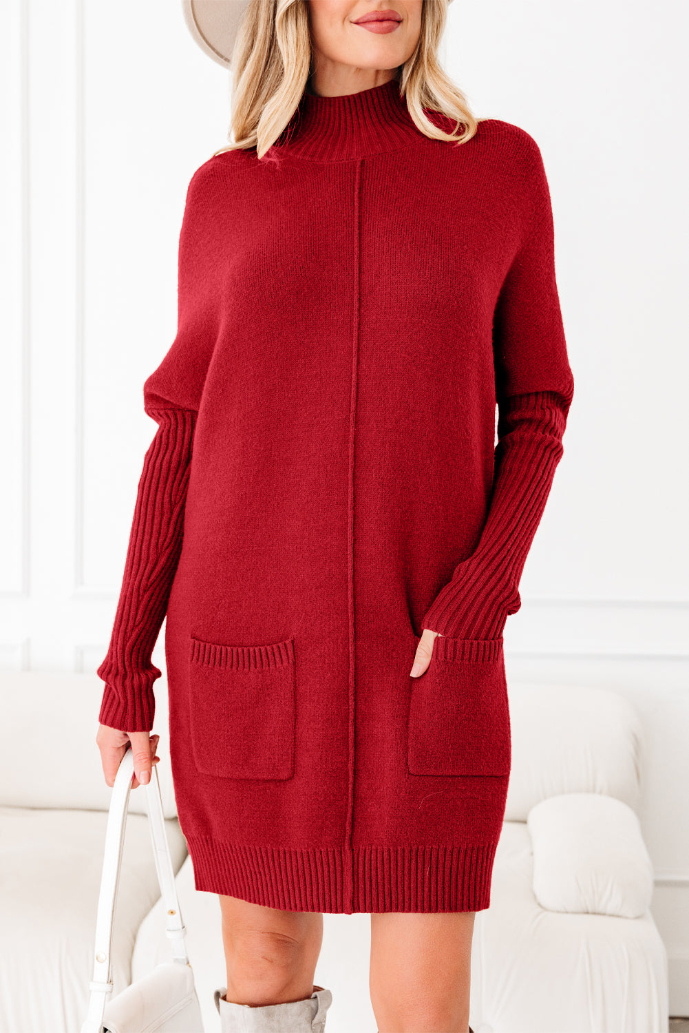 Ribbed High Neck Front Pockets Center Seam Shift Sweater Dress - eAura
