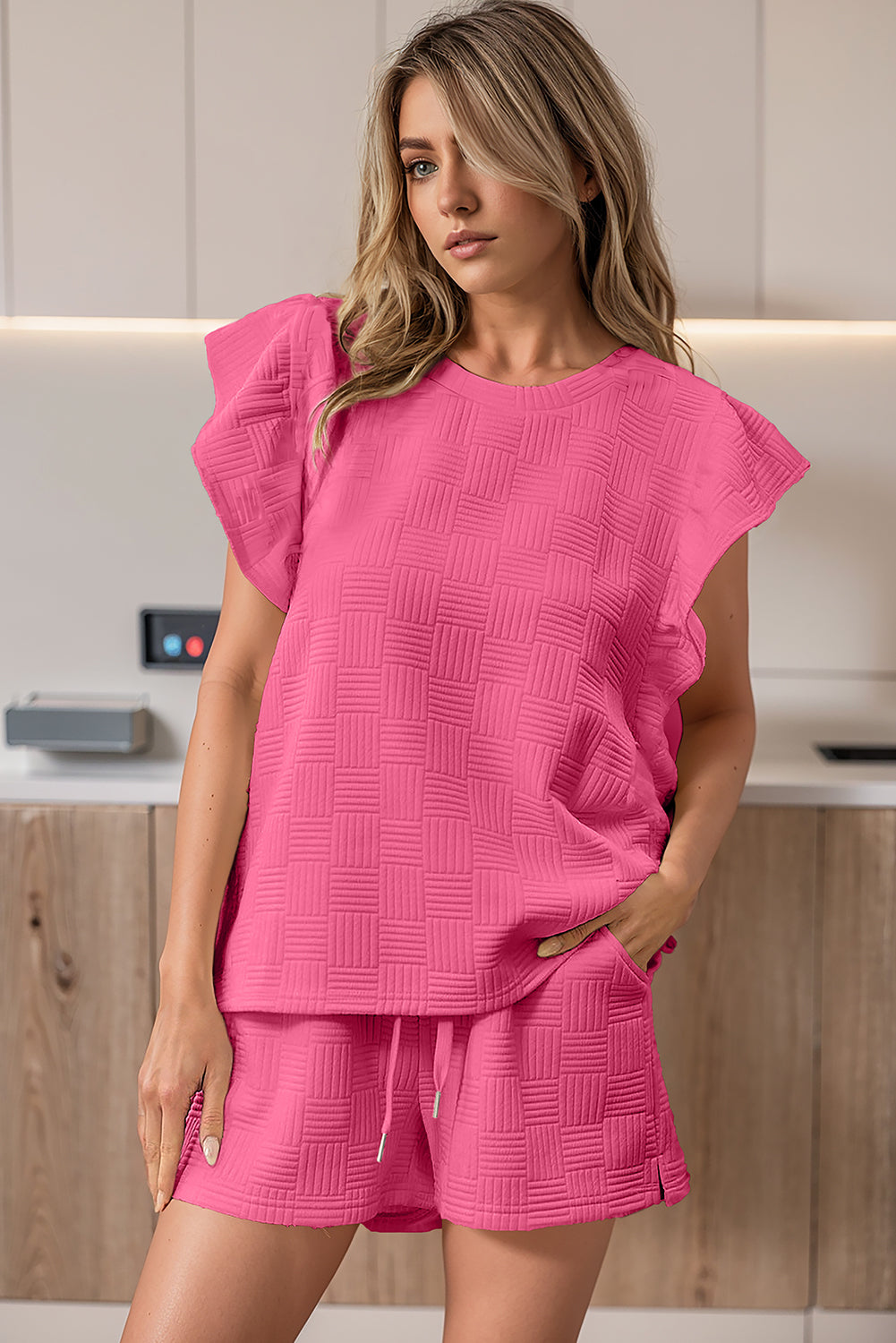 Apricot Textured Ruffled Sleeve Tee and Drawstring Shorts Set BB Fashion Outlet