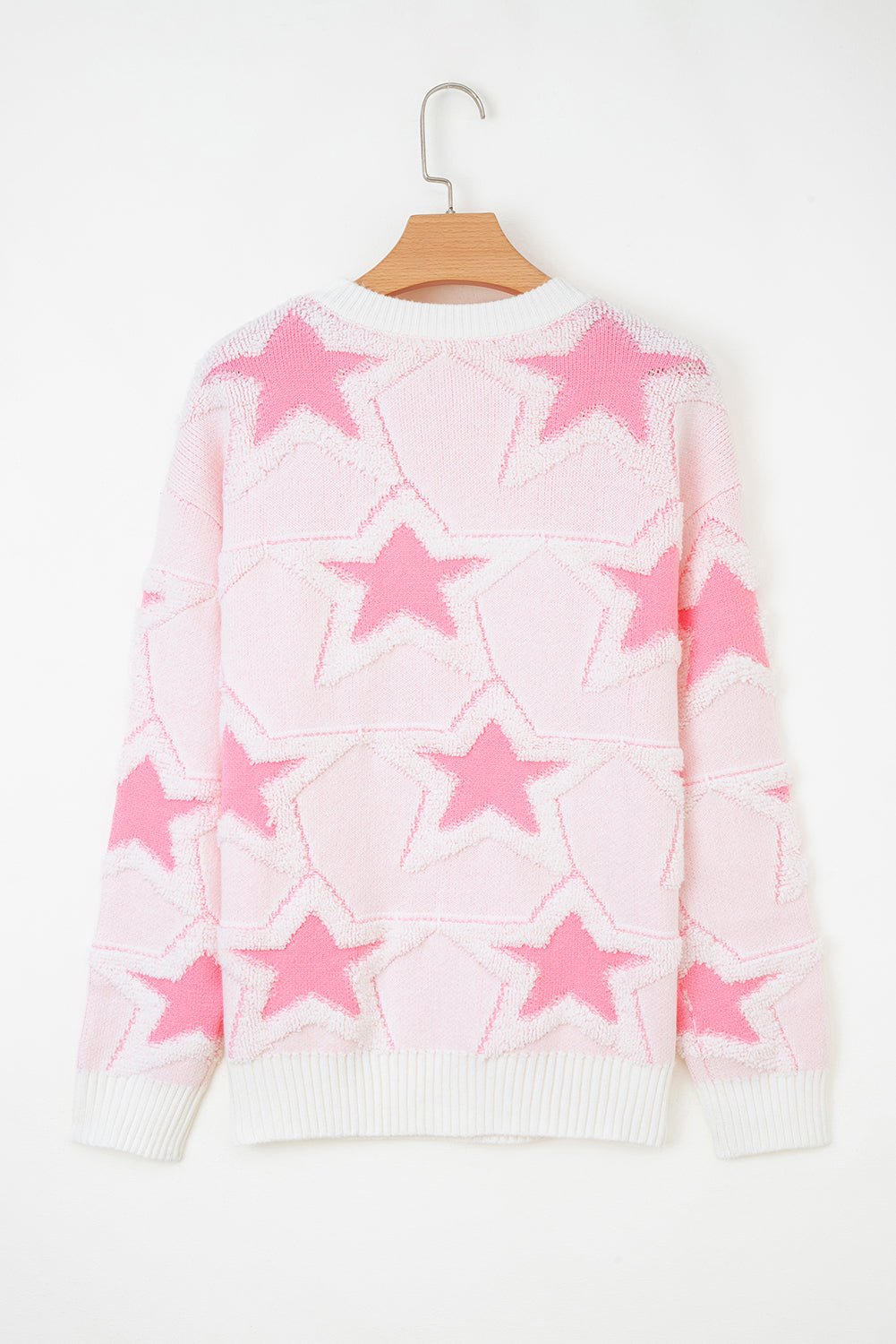 Pink Oversized Cute Star Pattern Ribbed Edge Drop Shoulder Sweater eAura