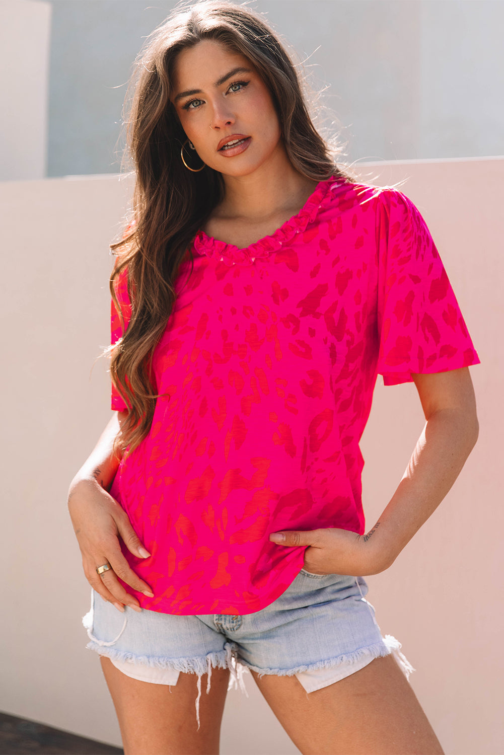 Rose Leopard Frilly V Neck Short Sleeve Blouse eAura