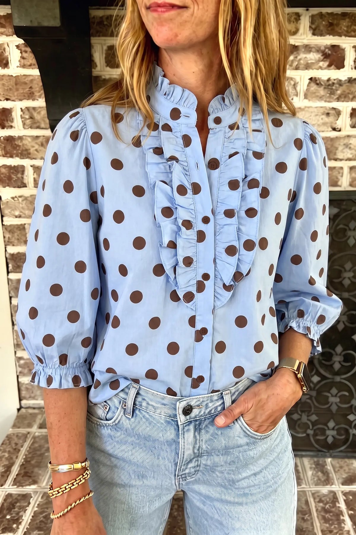 Polka Dot Striped Print Ruffle Stand Neck 3/4 Sleeve Shift Shirt – Fiery Red
