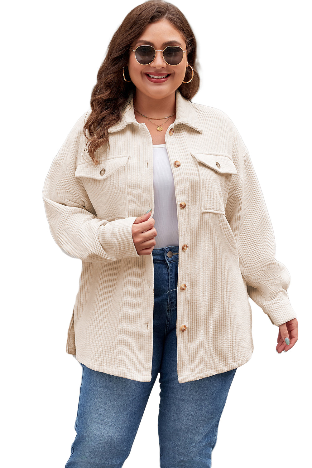 Oatmeal Textured Flap Pockets Buttoned Plus Size Shacket Beagle Boutique Fashion Outlet