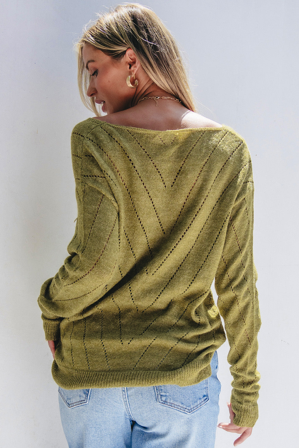 Sage Green Solid Eyelet Drop Shoulder V Neck Sweater eAura